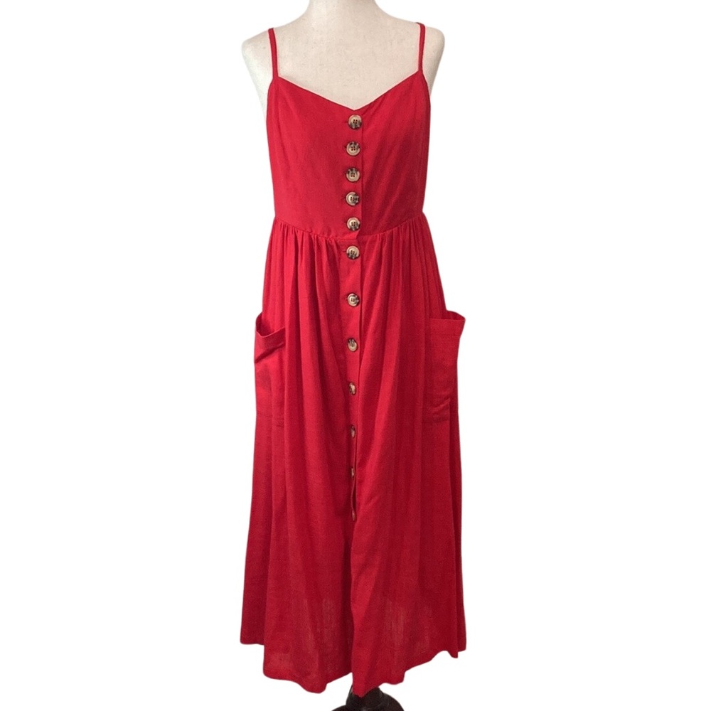 Buffalo David Bitton Red Spaghetti Strap Button Up Midi Dress Size Small